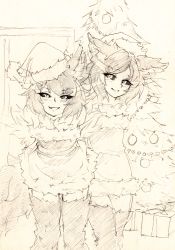 Rule 34 | 2girls, animal ear fluff, animal ears, arms behind back, bare shoulders, black sclera, box, christmas, christmas tree, colored sclera, dog ears, dog tail, dress, fur, fur trim, gift, gift box, grin, hat, hellhound (monster girl encyclopedia), leaning forward, looking at viewer, monochrome, monorus, monster girl encyclopedia, monster girl encyclopedia ii, multiple girls, santa hat, short hair, sketch, slit pupils, smile, strapless, strapless dress, tail, traditional media