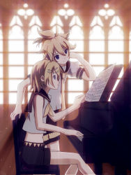 Rule 34 | 1boy, 1girl, backlighting, bare arms, bare shoulders, blonde hair, blue eyes, blurry, brother and sister, cheek rest, crop top, grand piano, hair ornament, hairclip, highres, hirobakar, instrument, kagamine len, kagamine rin, music, navel, necktie, parted lips, piano, piano bench, playing instrument, playing piano, practicing, sailor collar, sheet music, shirt, shorts, siblings, sitting, sleeveless, sleeveless shirt, smile, staff (music), twins, vocaloid, window