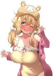 Rule 34 | 1girl, ;d, animal ear headwear, animare, armpits, atahuta, bare shoulders, blonde hair, blush, breasts, claw pose, cleavage, collarbone, covered navel, cowboy shot, dress, fake animal ears, frills, full-face blush, hair ornament, hand up, highres, inaba haneru (animare), jacket, large breasts, leaning forward, long hair, looking at viewer, low twintails, nanashi inc., off shoulder, one eye closed, open clothes, open jacket, open mouth, pom pom (clothes), purple jacket, smile, solo, transparent background, twintails, upper body, virtual youtuber, wink, yellow dress, yellow eyes