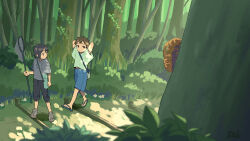 Rule 34 | 2boys, arm at side, arms behind head, bag, black pants, blue shorts, brown eyes, brown hair, bug, bush, butterfly net, child, cicada, closed mouth, dappled sunlight, dirt road, drawstring, expressionless, forest, grass, green shirt, grey hoodie, hand net, highres, holding, holding butterfly net, hood, hood down, hoodie, insect, kojiro337, looking at animal, looking at another, looking back, male focus, multiple boys, nature, original, pants, plant, raised eyebrows, road, sandals, scenery, shirt, short hair, short sleeves, shorts, shoulder bag, signature, sunlight, t-shirt, tree