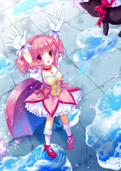 Rule 34 | 10s, 1girl, amy (madoka magica), bad id, bad pixiv id, cat, cloud, from above, gloves, kaname madoka, magical girl, mahou shoujo madoka magica, mahou shoujo madoka magica (anime), outstretched arms, pigeon-toed, pink hair, puddle, ratise, reaching, red eyes, reflection, short hair, sky, solo, twintails, umbrella