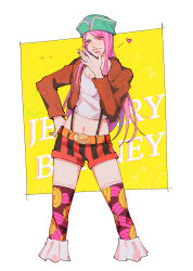 Rule 34 | 1girl, anti-eyebrow piercing, bone, bottle, brown coat, character name, coat, commentary, crop top, cropped legs, english commentary, food, fur coat, hand on own hip, heart, highres, jewelry bonney, long hair, looking at viewer, meat, navel, one piece, oratoza, pink hair, pizza, pizza slice, purple eyes, shirt, short shorts, shorts, smile, solo, suspenders, swept bangs, thighhighs, white shirt, yellow background