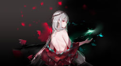 Rule 34 | 1girl, absurdres, arknights, back, back focus, bare back, bare shoulders, black background, commentary request, dress, from behind, highres, long hair, looking at viewer, looking back, no headwear, off shoulder, official alternate costume, profile, red dress, red eyes, scup, silver hair, skadi (arknights), skadi the corrupting heart (arknights), solo, upper body