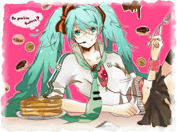 Rule 34 | 1girl, aqua eyes, aqua hair, bad id, bad pixiv id, bespectacled, cake, casual, chocolate, cookie, doughnut, english text, female focus, food, fork, glasses, hatsuko, hatsune miku, headset, long hair, lying, macaron, navel, necktie, on side, pancake, pastry, skirt, sleeves pushed up, solo, sweets, thighhighs, twintails, vocaloid, wristband, zipper
