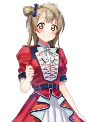 Rule 34 | 1girl, facing viewer, highres, light brown hair, long hair, looking at viewer, love live!, love live! school idol festival, love live! school idol project, minami kotori, naarann, one side up, red shirt, red skirt, shirt, short sleeves, simple background, skirt, smile, solo, white background, yellow eyes