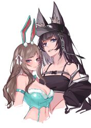 Rule 34 | 2girls, absurdres, animal ears, aqua bow, aqua bowtie, armband, bare shoulders, black hair, black headwear, black jacket, blue eyes, blunt bangs, bow, bowtie, breasts, brown hair, chest strap, cleavage, closed mouth, cropped torso, grin, hair ornament, hat, highres, jacket, jacket partially removed, long hair, looking at viewer, medium breasts, midriff, multiple girls, navel, original, rabbit ears, ribbon, ribbon hair, simple background, small breasts, smile, stomach, white ribbon, wolf ears, yaoshan shi
