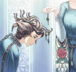 Rule 34 | 1boy, 1girl, androgynous, animal ear fluff, animal ears, antlers, aristocratic clothes, blue dress, blue eyes, blue gemstone, blue robe, bowing, braid, breasts, brown hair, chain, chain leash, closed mouth, collar, deer boy, deer ears, dress, facial hair, floral print, flower, frown, gem, green gemstone, hair around ear, hand up, head out of frame, holding, horn ornament, horns, leash, long sleeves, looking down, medium breasts, multiple braids, original, profile, red flower, red gemstone, red rose, robe, rose, rose print, sad, tassel, updo, upper body, wallpaper (object), watari taichi, white gemstone, yellow gemstone