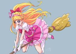 Rule 34 | 1girl, :d, asahina mirai, blonde hair, blue background, boots, bow, broom, broom riding, chocokin, cure miracle, full body, gloves, hair bow, hairband, half updo, hat, knee boots, long hair, magical girl, mahou girls precure!, mini hat, mini witch hat, open mouth, pink hat, pink skirt, ponytail, precure, purple eyes, red bow, signature, skirt, smile, solo, white footwear, white gloves, witch hat