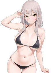 Rule 34 | 1girl, absurdres, arm at side, arm up, bikini, black bikini, breasts, closed mouth, collarbone, commentary, cowboy shot, gluteal fold, grey hair, groin, highres, large breasts, long hair, looking at viewer, navel, original, simple background, skindentation, smile, solo, stomach, swimsuit, symbol-only commentary, thigh gap, w, white background, wreath (lit), yellow eyes
