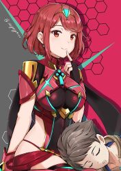 Rule 34 | 1boy, 1girl, blush, bodysuit, breasts, brown hair, crotchless, crotchless pants, fingerless gloves, gloves, kouno (uiyoyo199), large breasts, looking at viewer, nintendo, pyra (xenoblade), red eyes, red hair, rex (xenoblade), short hair, simple background, sitting, sleeping, smile, xenoblade chronicles (series), xenoblade chronicles 2, xenoblade chronicles (series), xenoblade chronicles 2