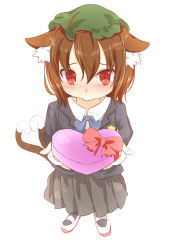 Rule 34 | 1girl, absurdres, ahoge, animal ear fluff, animal ears, blazer, blush, bow, box, cat ears, chen, commentary request, downcast eyes, embarrassed, full body, gift, giving, hat, heart-shaped box, highres, holding, holding gift, jacket, multiple tails, oreyutadesu, red eyes, school uniform, shoes, short hair, simple background, skirt, slit pupils, solo, standing, tail, touhou, two tails, uwabaki, valentine, white background