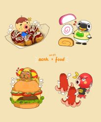 Rule 34 | 1girl, 3boys, :3, ^ ^, animal crossing, black eyes, black shirt, blue kimono, blush, blush stickers, bread bun, burger, cheese, closed eyes, closed mouth, clothes writing, commentary request, curled horns, food, food art, fork, frita (animal crossing), furry, furry female, furry male, heart, highres, holding, holding fork, horns, japanese clothes, kamaboko, kimono, lettuce, multicolored horns, multiple boys, narutomaki, nintendo, notice lines, octavian (animal crossing), open mouth, print shirt, red horns, sarashi, sharkbooi, shirt, short sleeves, simple background, smile, solid oval eyes, t-shirt, tako-san wiener, takoyaki, tomato, tomato slice, two-tone horns, wade (animal crossing), yellow background, yellow horns, yellow shirt, zucker (animal crossing)
