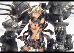 10s 1girl bad_id bad_pixiv_id blonde_hair blush breasts budget_sarashi cannon cleavage dark-skinned_female dark_skin female_focus fingerless_gloves glasses gloves hairband headgear ido_(teketeke) kantai_collection large_breasts long_hair miniskirt musashi_(kancolle) musashi_kai_(kancolle) navel personification red_eyes sarashi ship_turret short_hair simple_background skirt solo thighhighs twintails two_side_up weapon white_background yellow_eyes zettai_ryouiki