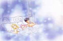 Rule 34 | 1990s (style), 1boy, 2girls, alternate hairstyle, bed, bishoujo senshi sailor moon, bishoujo senshi sailor moon supers, black hair, blanket, blonde hair, cat, chiba mamoru, chibi usa, closed eyes, commentary, crescent, crescent facial mark, curtains, diana (sailor moon), earrings, facial mark, family, frills, hair down, jewelry, lingerie, long hair, lying, multiple girls, nightgown, official art, on back, on bed, on side, pillow, pink hair, retro artstyle, sleeping, takeuchi naoko, topless, topless male, traditional media, tsukino usagi, underwear, wavy hair