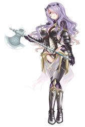 Rule 34 | 1girl, armor, armored boots, axe, boots, breasts, camilla (fire emblem), fire emblem, fire emblem fates, gauntlets, grey footwear, hair over one eye, highres, knee boots, large breasts, long hair, nintendo, purple eyes, purple hair, simple background, smile, solo, takeshisu, wavy hair, weapon