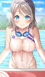 Rule 34 | 1girl, alternate color, blue eyes, blue sky, chain-link fence, cloud, commentary request, competition swimsuit, cowboy shot, day, fence, goggles, goggles around neck, grey hair, groin, highleg, highleg swimsuit, looking at viewer, love live!, love live! sunshine!!, mizukoshi (marumi), navel, one-piece swimsuit, outdoors, pool, poolside, short hair, sky, solo, swimsuit, watanabe you, wet, white one-piece swimsuit