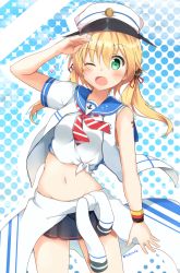 Rule 34 | 10s, 1girl, ;d, alternate costume, anchor hair ornament, bad id, bad twitter id, blonde hair, blue eyes, blush, clothes around waist, commentary request, dress, flag print, german flag, hair ornament, halftone, halftone background, hat, jacket, jacket around waist, kantai collection, long hair, looking at viewer, one eye closed, open mouth, prinz eugen (kancolle), sailor dress, sasahara wakaba, school uniform, serafuku, smile, solo, striped, striped background, sweatband, twintails, twitter username