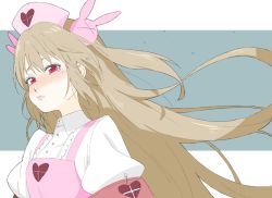 Rule 34 | 1girl, absurdres, apron, armband, bad id, bad twitter id, blush, closed mouth, donguri suzume, hair ornament, hat, highres, light brown hair, long hair, natori sana, nurse cap, pink apron, pink hat, puffy short sleeves, puffy sleeves, rabbit hair ornament, red eyes, sana channel, short sleeves, solo, tears, two side up, very long hair, virtual youtuber