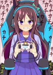 Rule 34 | 1girl, angry, animal ears, blush, bow, brown hair, can, chair, clenched teeth, closed mouth, commentary request, controller, ear bow, energy drink, gaming chair, hair ornament, hairclip, headset, highres, holding, holding controller, horse ears, horse girl, long hair, looking at viewer, mejiro dober (umamusume), motion lines, playing games, pleated skirt, purple eyes, purple serafuku, purple shirt, purple skirt, sailor collar, school uniform, serafuku, shirt, sitting, skirt, solo, sweatdrop, swivel chair, teeth, tracen school uniform, umamusume, v-shaped eyebrows, wahiko (black bastard), white bow