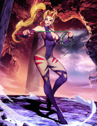 Rule 34 | 1girl, blonde hair, blue eyes, boots, breasts, cleavage, covered navel, detached sleeves, duplicate, earrings, full body, genzoman, jewelry, large breasts, leotard, long hair, ponytail, purple footwear, shadow, signature, sofia (toushinden), solo, thigh boots, thighhighs, toushinden, very long hair, whip