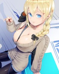 Rule 34 | 1girl, aran sweater, blonde hair, blue eyes, braid, breasts, cable knit, cardigan, fuwakuyuu, girls&#039; frontline, large breasts, long hair, looking at viewer, looking up, mg3 (girls&#039; frontline), mg3 (urban holiday) (girls&#039; frontline), official alternate costume, pantyhose, shorts, single braid, smile, solo, sweater