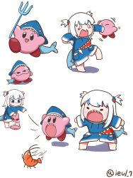 Rule 34 | 1girl, absurdres, biting, blue eyes, blue hair, blunt bangs, eiul, fins, fish tail, gawr gura, gawr gura (1st costume), hair ornament, highres, hololive, hololive english, hood, hoodie, kirby, kirby (series), kirby and the forgotten land, long hair, multicolored hair, nintendo, open mouth, polearm, shark tail, sharp teeth, shrimp, smile, streaked hair, tail, teeth, trident, virtual youtuber, weapon, white hair