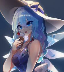 Rule 34 | 1girl, alternate costume, alternate hair length, alternate hairstyle, bare shoulders, blue bow, blue eyes, blue hair, blue tank top, blurry, bow, breasts, cirno, commentary, depth of field, food, grey background, hair between eyes, hand up, hat, hat bow, highres, holding, holding food, holding ice cream, ice, ice cream, ice wings, kaliningradg, long hair, medium breasts, open mouth, simple background, solo, symbol-only commentary, tank top, teeth, touhou, upper body, upper teeth only, wavy hair, wings