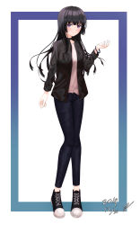 Rule 34 | 1girl, absurdres, arm up, bang dream!, black choker, black footwear, black hair, black shirt, border, breast pocket, choker, commentary request, dated, denim, dong hawn, full body, gradient border, highres, hime cut, jeans, knees together feet apart, korean commentary, long hair, looking at viewer, open clothes, open shirt, pants, pocket, purple eyes, shirokane rinko, shirt, shoes, signature, smile, sneakers, solo, standing, undershirt, white background