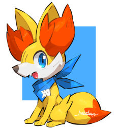 Rule 34 | all fours, artist name, bandana, blue background, blue bandana, blue eyes, blue neckwear, blush, border, clothed pokemon, commentary request, creatures (company), fangs, fennekin, from side, full body, game freak, gen 6 pokemon, happy, looking at viewer, makoto ikemu, nintendo, no humans, open mouth, outside border, pokemon, pokemon (creature), profile, sideways glance, signature, simple background, smile, solo, tail, white border
