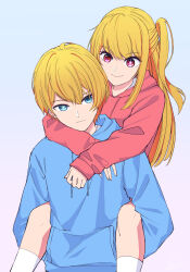 Rule 34 | 1boy, 1girl, absurdres, arms around neck, blonde hair, blue background, blue eyes, blue hoodie, brother and sister, carrying, carrying person, closed mouth, commentary, english commentary, feet out of frame, gradient background, hair between eyes, highres, hood, hoodie, hoshino aquamarine, hoshino ruby, ice (10222), kneehighs, long hair, long sleeves, looking at viewer, mismatched pupils, one side up, oshi no ko, piggyback, pink background, pink eyes, pink hoodie, shadow, short hair, siblings, sidelocks, simple background, smile, socks, star-shaped pupils, star (symbol), symbol-shaped pupils, twins, upper body, white socks