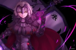 Rule 34 | 1girl, ahoge, armor, armored dress, artist name, black background, blush, breasts, cape, commentary request, fate/grand order, fate (series), fur-trimmed cape, fur collar, fur trim, gauntlets, grin, headpiece, jeanne d&#039;arc (fate), jeanne d&#039;arc alter (avenger) (fate), jeanne d&#039;arc alter (fate), large breasts, looking at viewer, magic, red cape, seraphim throne, short hair, silver hair, smile, solo, yellow eyes