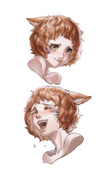 Rule 34 | 1girl, :3, absurdres, animal ears, warrior of light (ff14), bad id, bad pixiv id, bare shoulders, blush, brown hair, cat ears, closed eyes, commentary, commission, cropped shoulders, crying, ears down, english commentary, facial mark, final fantasy, final fantasy xiv, happy, happy tears, highres, looking afar, miqo&#039;te, multiple views, nose blush, open mouth, portrait, round teeth, seneka grafika, short hair, simple background, smile, tears, teeth, tongue, whisker markings, white background, yellow eyes