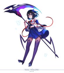 Rule 34 | 1girl, animal, bare shoulders, black hair, blue eyes, blue gemstone, blue hair, boots, bow, brown pantyhose, bug, butterfly, character name, dpin (user adhr8855), eyelashes, gem, glowing butterfly, hair ornament, high heel boots, high heels, holding, holding scythe, holding weapon, honkai (series), honkai impact 3rd, insect, long eyelashes, looking at viewer, low wings, multicolored hair, open mouth, pantyhose, purple footwear, red bow, red gemstone, scythe, seele (evangelion), seele vollerei, seele vollerei (swallowtail phantasm), short hair, signature, solo, thigh boots, two-tone hair, weapon, wings