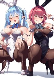 Rule 34 | 2girls, absurdres, ahoge, alternate costume, animal ears, arm strap, armpits, bare shoulders, black footwear, black leotard, black pantyhose, black ribbon, blue bow, blue bowtie, blue hair, blush, bow, bowtie, breasts, cleavage, closed mouth, covered navel, detached collar, double v, fake animal ears, fishnet pantyhose, fishnets, full body, hair between eyes, hair ribbon, heart, heart ahoge, heterochromia, high heels, highleg, highleg leotard, highres, hololive, houshou marine, large breasts, leotard, licking lips, long hair, looking at viewer, medium hair, multiple girls, open mouth, pantyhose, playboy bunny, pointy ears, rabbit ears, red eyes, red hair, ribbon, see-through, see-through cleavage, shinomu (cinomoon), simple background, smile, spread legs, squatting, strapless, strapless leotard, sweat, teeth, tongue, tongue out, twintails, v, virtual youtuber, white background, white footwear, white leotard, wrist cuffs, yellow eyes, yukihana lamy