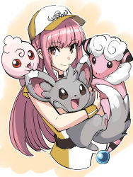 Rule 34 | 1girl, aono shimo, armband, bad id, bad pixiv id, baseball cap, belt, blunt bangs, creatures (company), dress, fate/grand order, fate (series), flaaffy, game freak, gen 2 pokemon, gen 5 pokemon, hat, holding, igglybuff, long hair, looking at viewer, medb (fate), minccino, nintendo, on shoulder, open mouth, pink hair, pokemon, pokemon (creature), short sleeves, simple background, smile, yellow eyes, yellow headwear