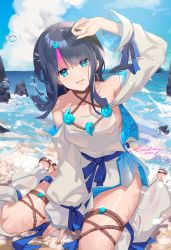 Rule 34 | 1girl, arm up, bare shoulders, beach, black hair, blue ribbon, blue sky, blush, breasts, collarbone, day, detached leggings, dress, fate/grand order, fate/requiem, fate (series), highres, large breasts, long sleeves, looking at viewer, lucidsky, magatama, magatama hair ornament, medium breasts, medium hair, multicolored hair, ocean, outdoors, parted lips, pelvic curtain, pink hair, puffy long sleeves, puffy sleeves, ribbon, sandals, seigaiha, short dress, sideboob, sideless outfit, sitting, sky, smile, solo, streaked hair, thighs, utsumi erice, wariza, white dress