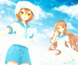 Rule 34 | 1boy, 1girl, :d, akane (goma), akira (goma), animal ears, bad id, bad pixiv id, blue sailor collar, blush, brother and sister, brown hair, rabbit ears, cloud, day, dress, goma (11zihisin), hairband, hat, long hair, midriff, navel, open mouth, original, outstretched arms, sailor collar, sailor dress, school uniform, short hair, shorts, siblings, sky, smile, spread arms, trap, twins, wavy hair, yellow eyes