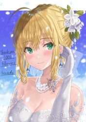 Rule 34 | 1girl, ahoge, artoria pendragon (all), artoria pendragon (fate), blonde hair, blue gemstone, blush, braid, breasts, cleavage, closed mouth, commentary, elbow gloves, english text, fate/grand order, fate/stay night, fate (series), flower, gem, gloves, green eyes, hair between eyes, hair flower, hair ornament, hand up, highres, jewelry, kazama (akki12), large breasts, looking at viewer, medium hair, necklace, pearl necklace, saber (fate), smile, solo, upper body, white flower, white gloves