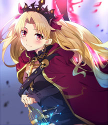 Rule 34 | 1girl, birdcage, black dress, blonde hair, blue fire, blurry, blurry background, blush, breasts, cage, cape, closed mouth, commentary request, depth of field, dress, earrings, ereshkigal (fate), fate/grand order, fate (series), fire, hair ribbon, hood, hood down, hooded cape, infinity symbol, jewelry, long hair, long sleeves, looking at viewer, parted bangs, red cape, red eyes, red ribbon, ribbon, skull, sleeves past wrists, small breasts, smile, solo, spine, tiara, tsuezu, two side up, very long hair