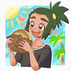 Rule 34 | 1boy, :d, blush, border, collarbone, commentary, creatures (company), day, drooling, eating, game freak, green hair, grey eyes, hands up, hau (pokemon), heart, highres, holding, malasada, male focus, mouth drool, nintendo, open mouth, outdoors, palm tree, pokemon, pokemon sm, shirt, short ponytail, short sleeves, smile, solo, sun, teeth, tongue, tree, upper body, upper teeth only, zume (su zume5)