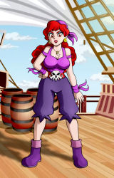 Rule 34 | 1girl, absurdres, breasts, captain syrup, cleavage, full body, highres, lipstick, long hair, makeup, nintendo, red hair, red lips, ship, standing, tagme, wario land, watercraft