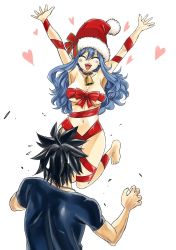 Rule 34 | airborne, arms up, barefoot, bell, black hair, blue hair, bow, breasts, christmas, clothed male nude female, collar, fairy tail, gray fullbuster, happy, hat, highres, jumping, juvia lockser, large breasts, long hair, nude, ribbon, santa hat, shirt, short hair, surprised, artist request, wrapped up