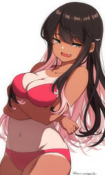 Rule 34 | 1girl, arms under breasts, bikini, black hair, breasts, cleavage, crossed arms, fang, hair between eyes, highres, kantai collection, laco soregashi, long hair, medium breasts, multicolored hair, naganami (kancolle), one-piece tan, open mouth, pink bikini, pink hair, simple background, solo, swimsuit, tan, tanline, twitter username, white background, yellow eyes