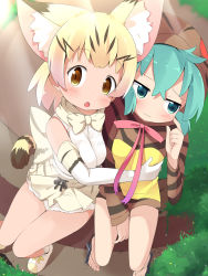 Rule 34 | 10s, 2girls, :o, :|, animal ears, aqua eyes, aqua hair, bare shoulders, belt, between legs, blonde hair, blush, bow, bowtie, cat ears, cat tail, closed mouth, day, elbow gloves, extra ears, finger to cheek, from above, geta, gloves, hair between eyes, hand between legs, highres, hood, hoodie, hug, kemono friends, looking at viewer, looking to the side, makuran, miniskirt, multiple girls, outdoors, print gloves, print neckwear, print skirt, sand cat (kemono friends), sand cat print, shirt, sitting, skirt, sleeveless, sleeveless shirt, sunlight, tail, tsuchinoko (kemono friends), white neckwear, yellow eyes