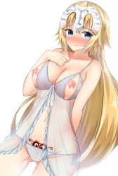 Rule 34 | 1girl, absurdres, arm behind back, babydoll, blonde hair, blue eyes, blush, breasts, closed mouth, collarbone, dutch angle, fate/apocrypha, fate (series), gluteal fold, hair between eyes, hand on own chest, headpiece, heart, heart tattoo, highres, jeanne d&#039;arc (fate), jeanne d&#039;arc (ruler) (fate), large breasts, long hair, looking at viewer, moyoron, navel, nipples, panties, pubic tattoo, pussy juice, see-through, side-tie panties, simple background, solo, tattoo, thighs, underwear, white babydoll, white background