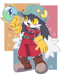 Rule 34 | belt, blue background, full body, furry, furry male, green belt, hair between eyes, highres, kaze no klonoa, klonoa, kokesi926, outline, red background, self-upload, standing, tagme, white outline, yellow background