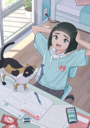 Rule 34 | 1girl, absurdres, animal, bed, bedroom, blue shirt, blunt ends, bob cut, brand name imitation, calico, candy wrapper, cat, cellphone, chair, desk, drawstring, electrical outlet, eraser, fish, glass door, hands on own head, highres, homework, indoors, mechanical pencil, nervous sweating, office chair, open mouth, original, pencil, phone, plant, porch, potted plant, shirt, sitting, sliding doors, smartphone, solo, summer, sweat, swivel chair, taka (tsmix), translation request, wooden floor