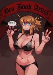 Rule 34 | 1girl, 33dot, absurdres, banner, bikini, black bikini, black choker, blue eyes, breasts, brown hair, choker, cleavage, commentary request, commission, double v, elf, english text, highres, holding, holding stylus, korean commentary, large breasts, navel, original, pixiv commission, pointy ears, short ponytail, solo, standing, stylus, sweatdrop, swimsuit, translated, v