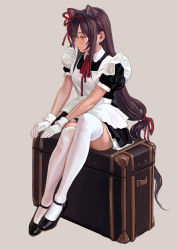 Rule 34 | 1girl, animal ears, apron, artist name, black footwear, black hair, blush, breasts, brown hair, cat ears, female focus, fkey, full body, gloves, hairband, highres, long hair, maid, maid apron, maid headdress, mary janes, medium breasts, original, red eyes, shoes, simple background, sitting, solo, suitcase, thighhighs, very long hair, white gloves, white thighhighs