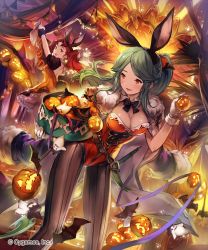 Rule 34 | 10s, 2girls, :d, alternate hair color, animal ears, bad id, bad pixiv id, basket, black legwear, breasts, rabbit ears, cape, fake animal ears, floating, fur trim, ghost, glowing, granblue fantasy, halloween, highres, holding, jack-o&#039;-lantern, leaning forward, lee hyeseung, leotard, long hair, looking back, multiple girls, official art, open mouth, pantyhose, playboy bunny, ponytail, pumpkin, shingeki no bahamut, smile, therese (granblue fantasy), twintails